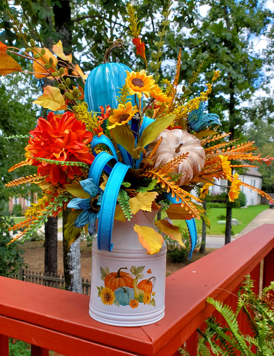 Orange and Turquoise Fall Pumpkin Table Centerpiece