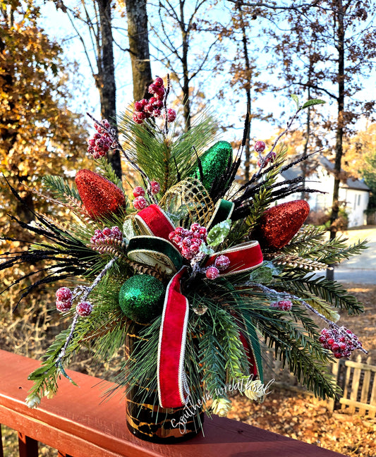 Red & Green Christms Bulbs Floral Holiday Arrangement