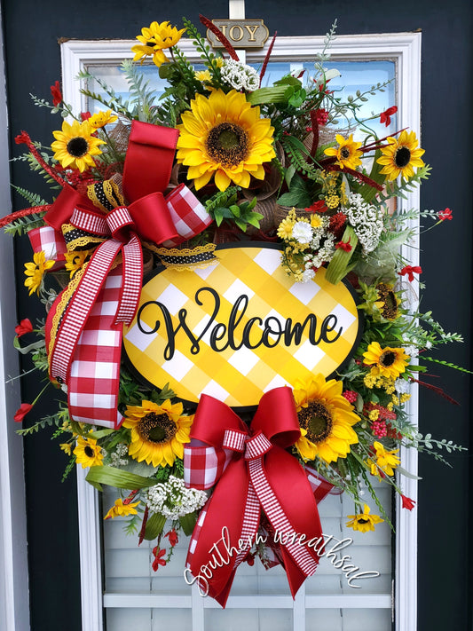 Yellow Welcome Sunflower Door Wreath / Spring Sunflower Decor