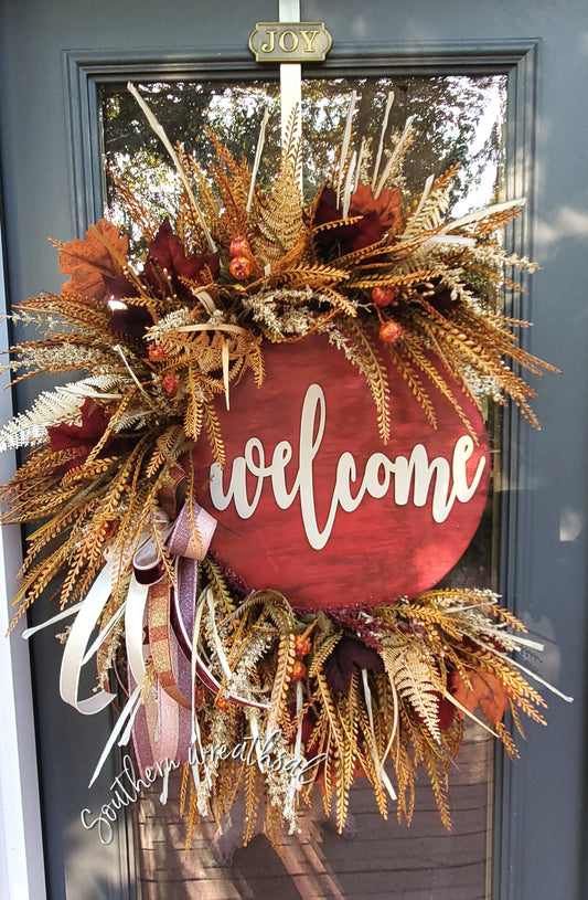 Deluxe Burgundy Fall Welcome Floral Door Wreath | Autumn Door Hanger