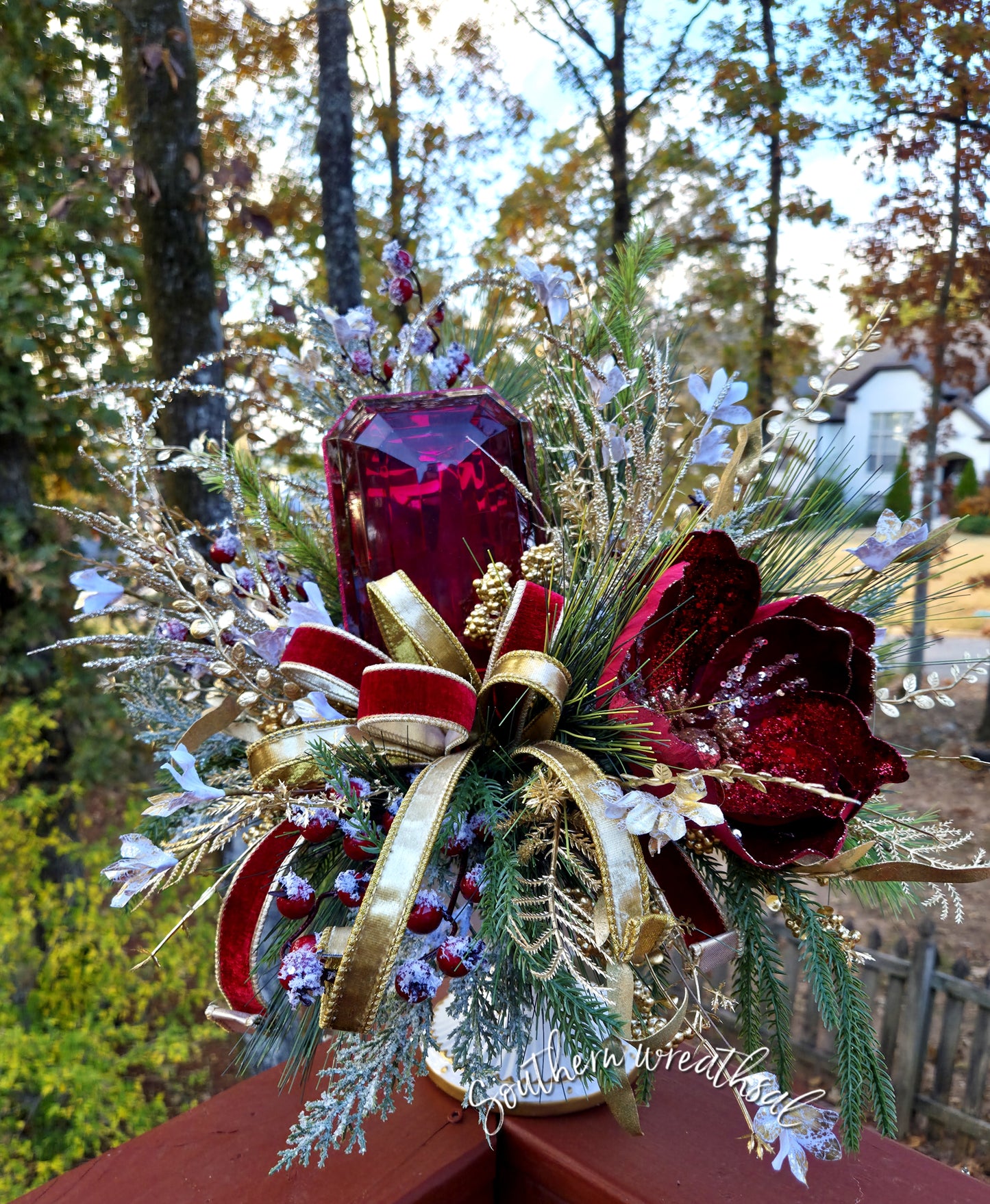 Elegant Christmas Velvet Burgundy Magnolia & Jewel Holiday Centerpiece