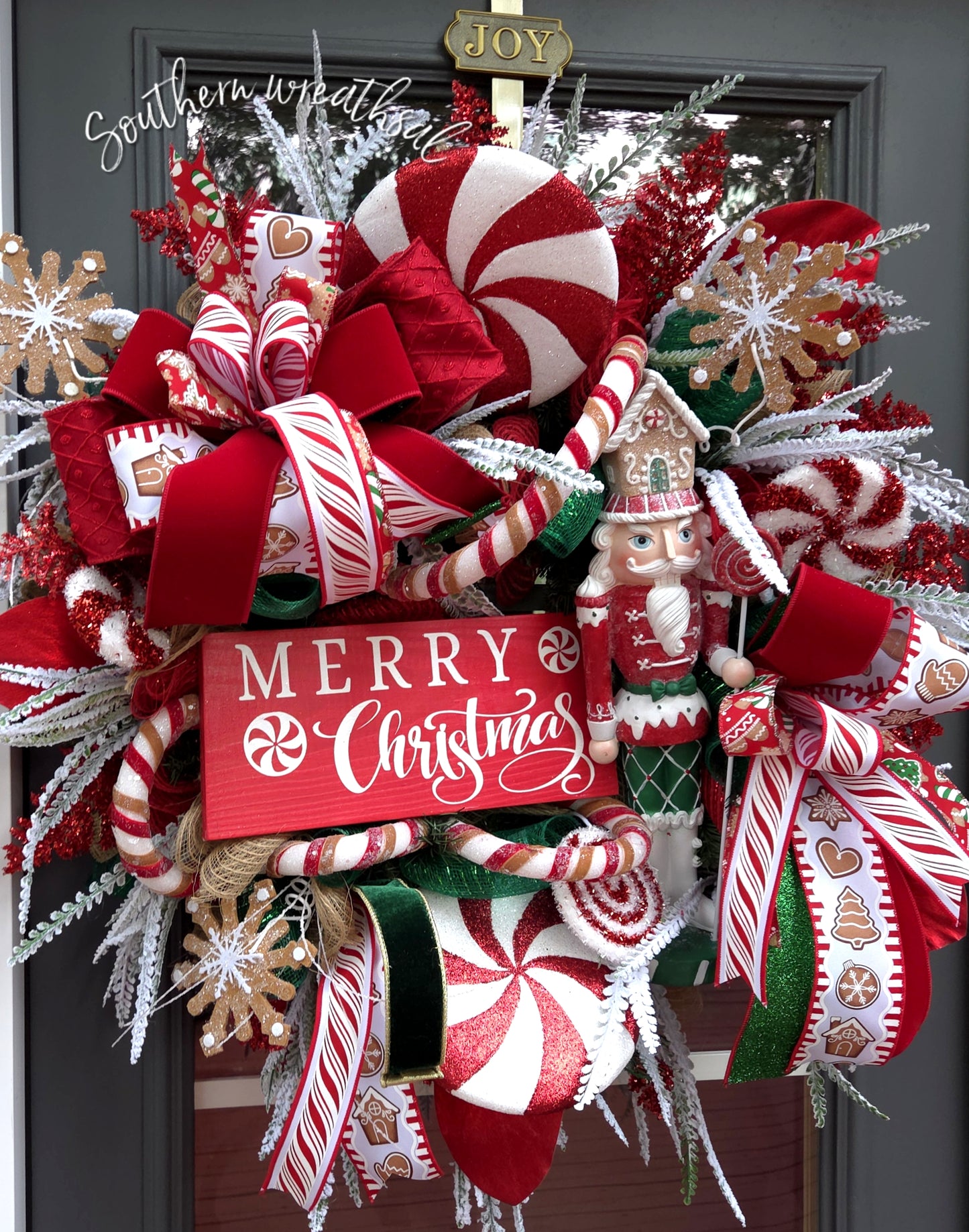 Christmas Gingerbread & Peppermint Candy Nutcracker Front Door Wreath