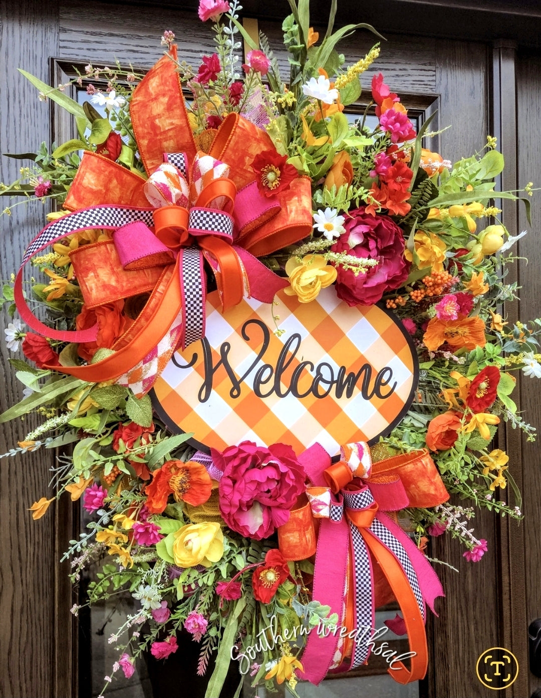 Deluxe Orange and Pink Spring Peony Welcome Door Wreath