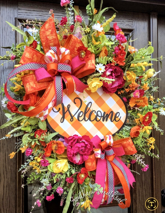 Deluxe Orange and Pink Spring Peony Welcome Door Wreath