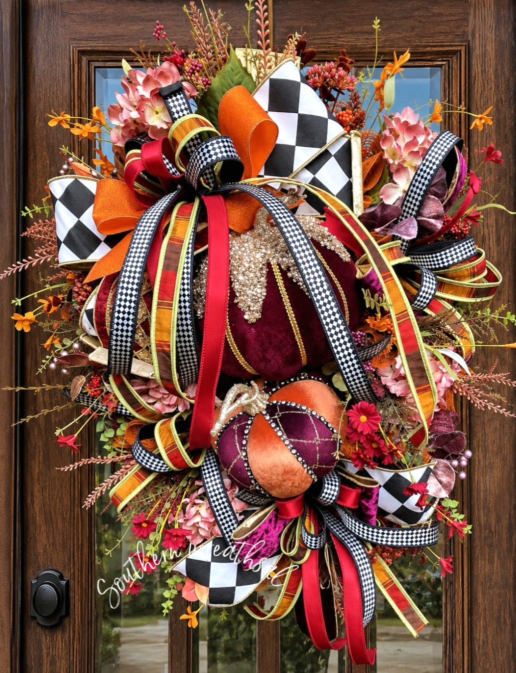 Luxury Burgundy Jeweled Fall Velvet Pumpkin Front Door Wreath