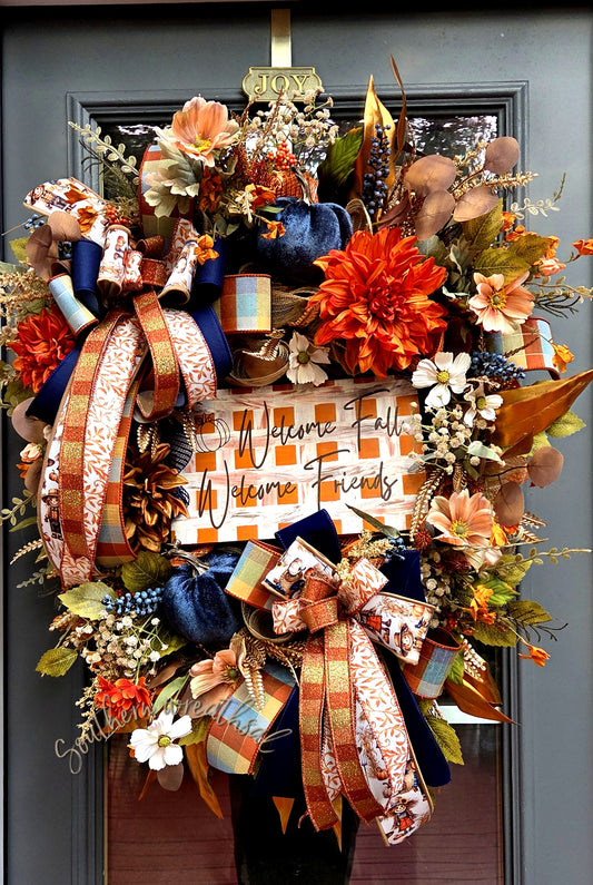 Orange & Navy Fall Friends Welcome Door Wreath