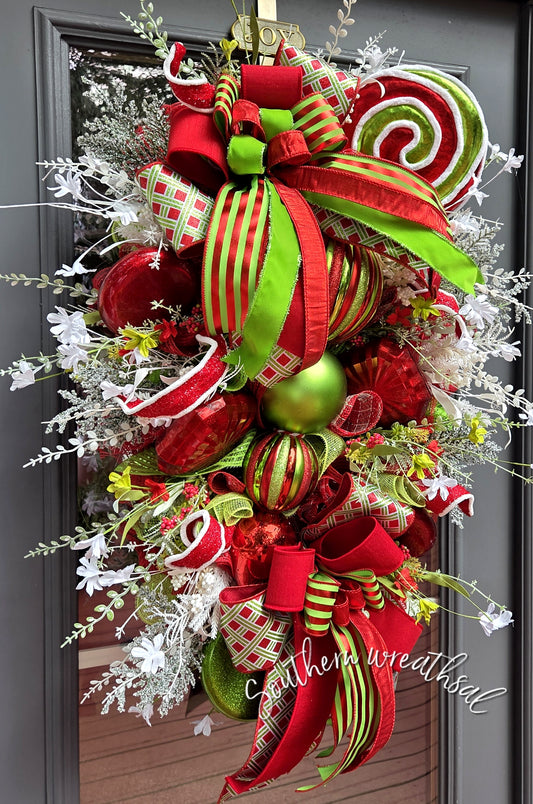 Red & Lime Green XL Finial Christmas Front Door Wreath
