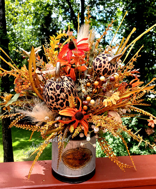 Fall Cheetah Pumpkin Centerpiece | Peonies & Orange Blackeyed Susan Flowers
