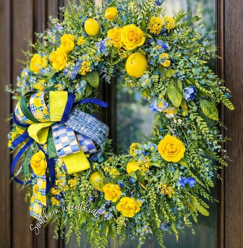 Yellow & Blue Summer Lemon Floral GreeneryDoor  Wreath