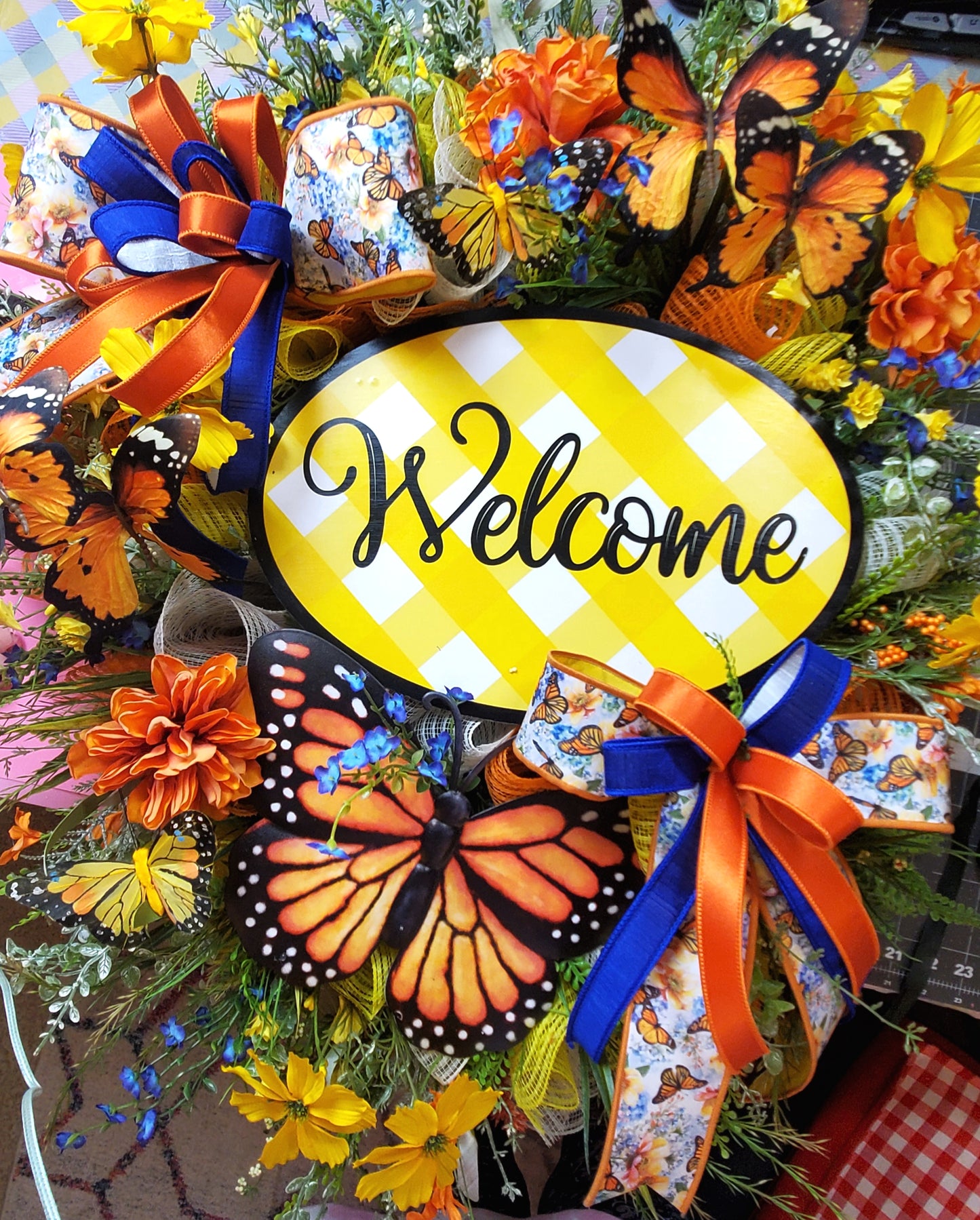 Spring Orange and Yellow Monarch Butterfly Deluxe Front Door Wreath