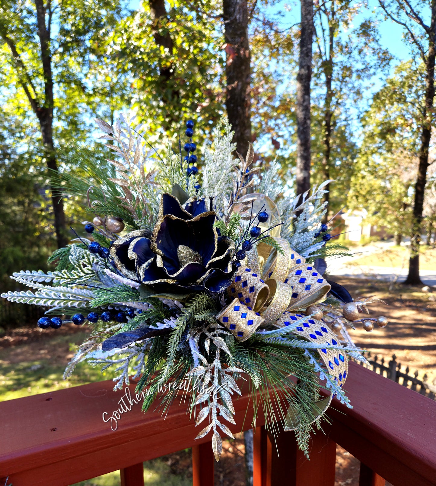 Elegant Blue Magnolia & Gold Jewel Christmas Centerpiece