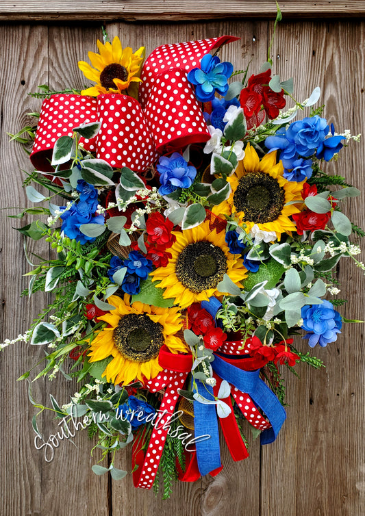 Yellow Sunflower Spring Door Swag - Patriotic Sunflower Wreath