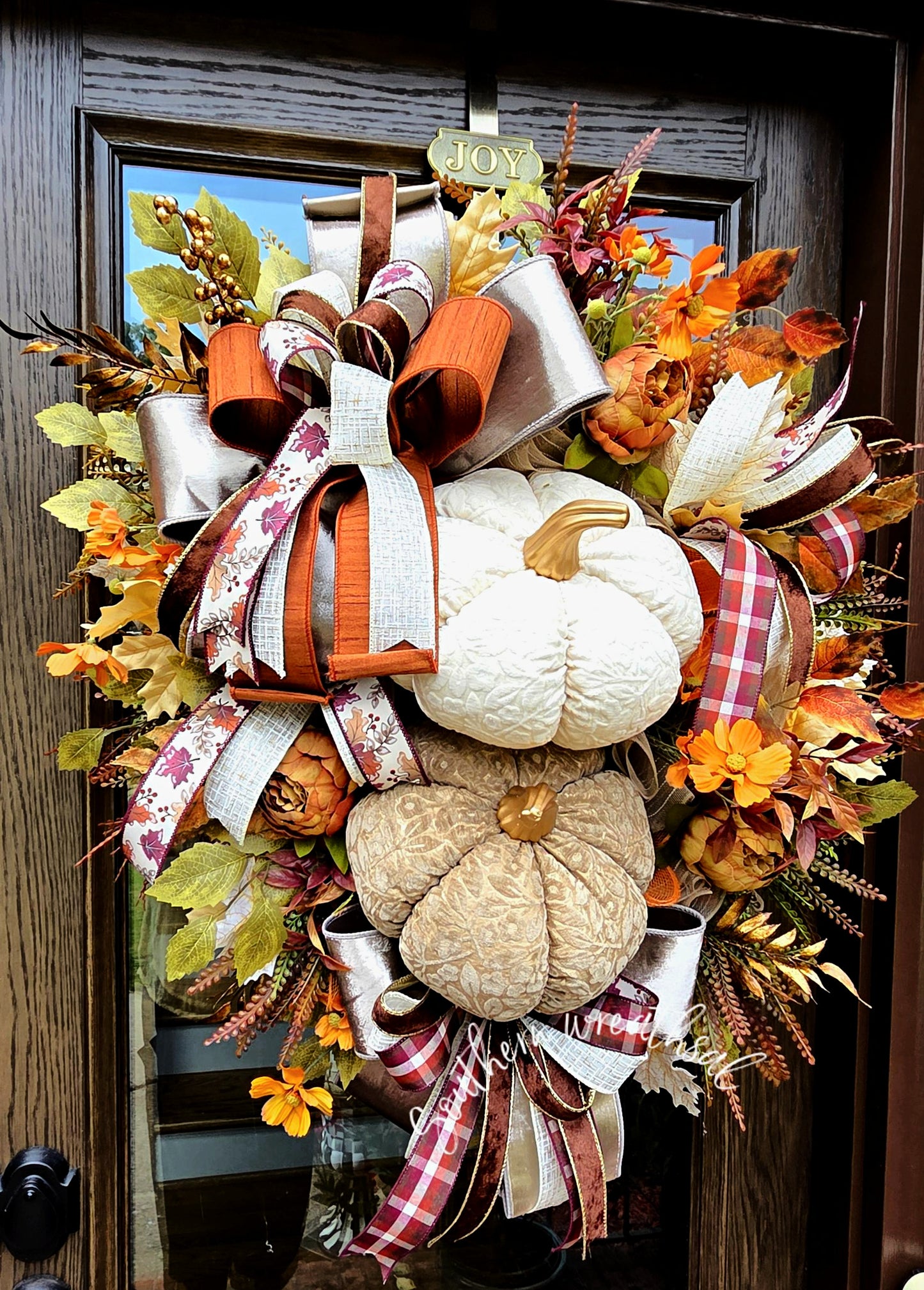 Neutral Fall Double Pumpkin Front Door Wreath