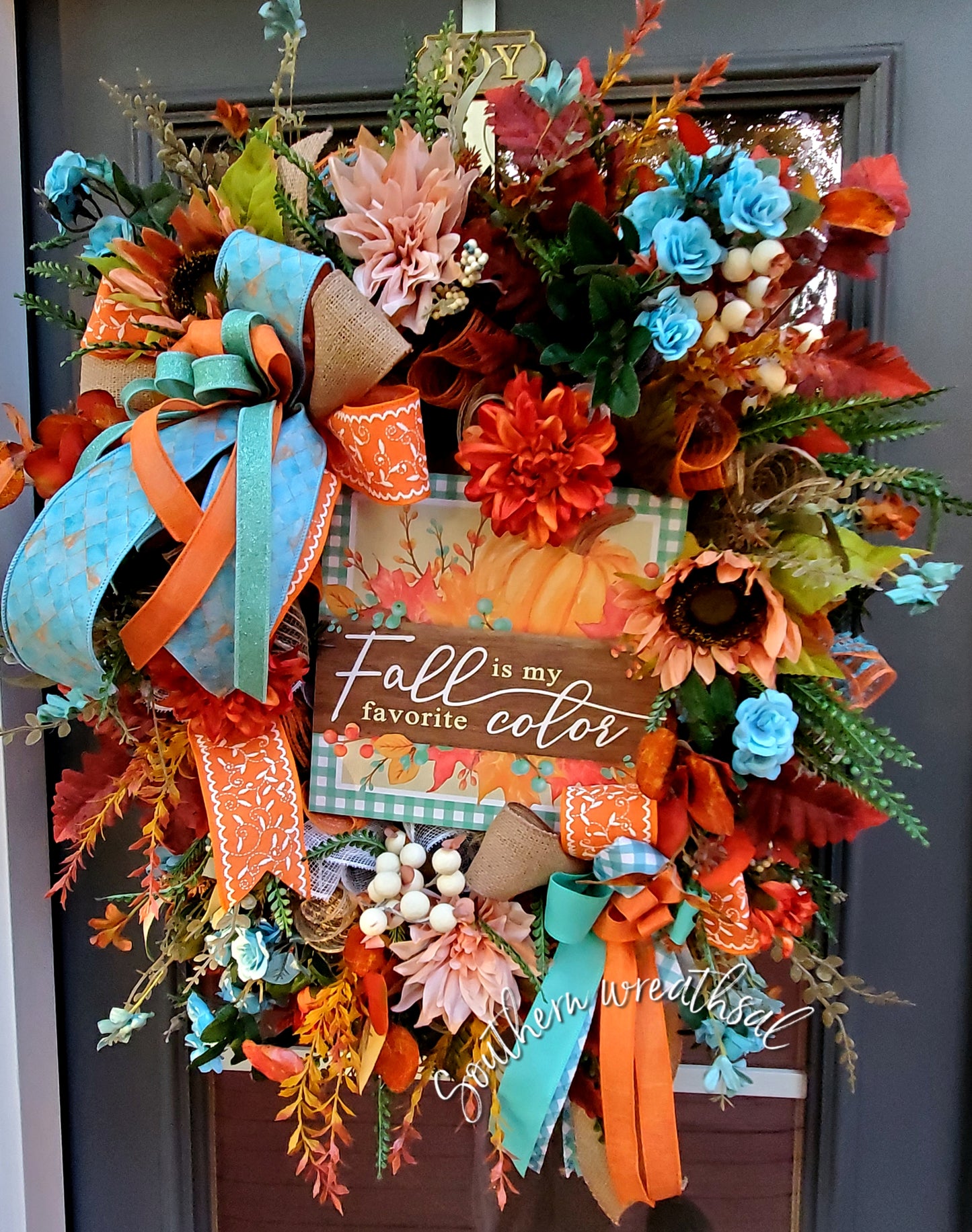 "Fall is my Favorite Color" Orange & Turquoise Front Door Wreath