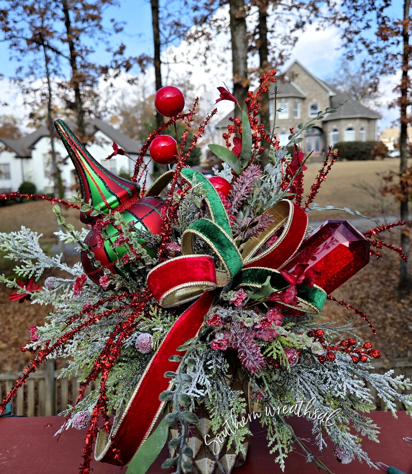 Christmas Red & Green Plaid Jewel Designer Table Centerpiece