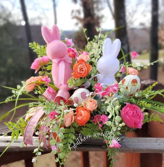 Flocked Bunnies Spring Pink & Orange Easter Arrangement