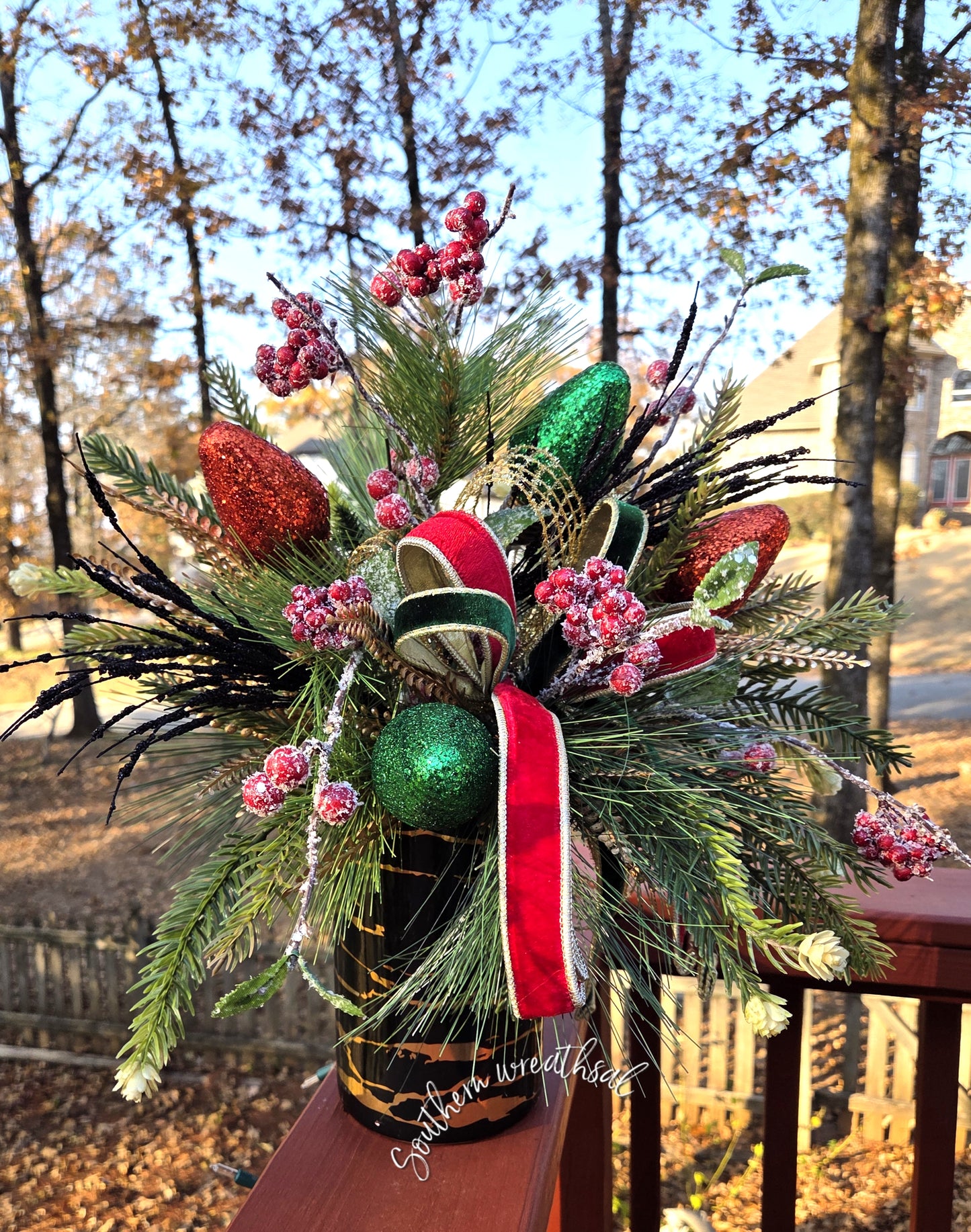 Red & Green Christms Bulbs Floral Holiday Arrangement