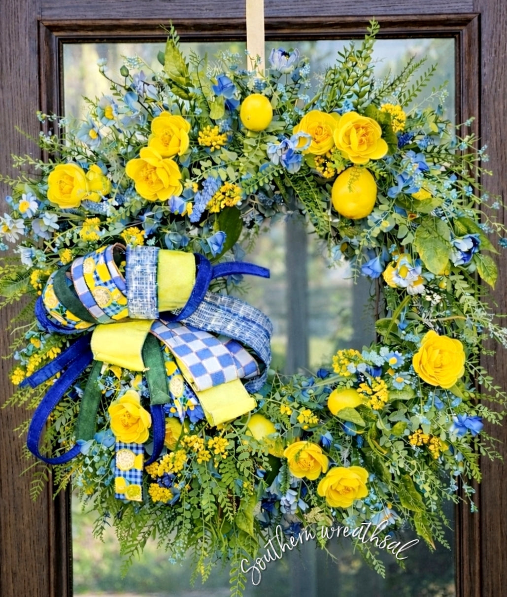 Yellow & Blue Summer Lemon Floral GreeneryDoor  Wreath