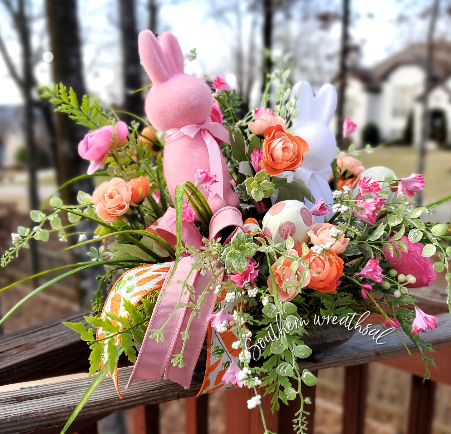 Flocked Bunnies Spring Pink & Orange Easter Arrangement