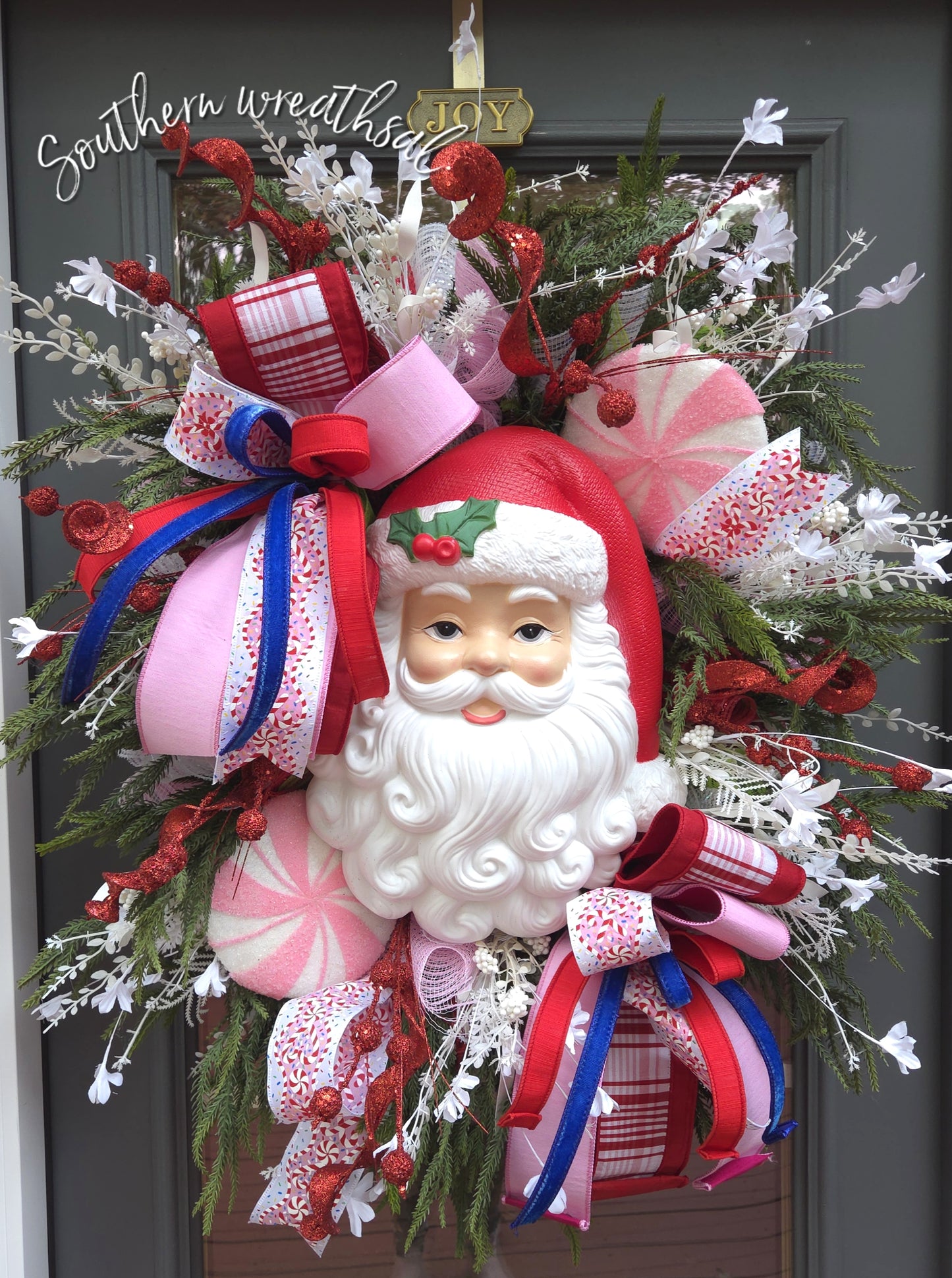 Whimsical Red & Pink Vintage Light-Up Santa Door Wreath