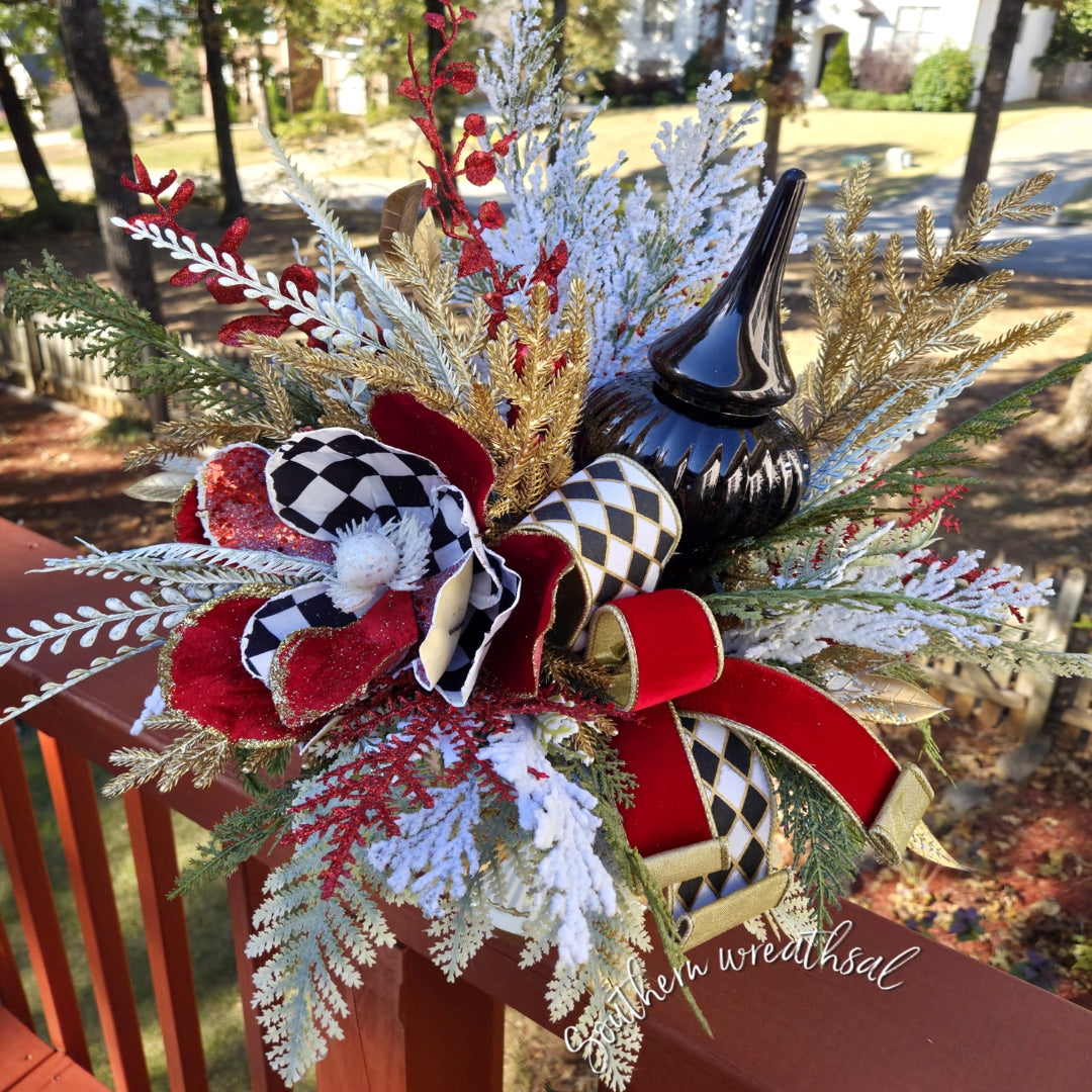 Red Velvet Harlequin Magnolia Christmas Floral Arrangement