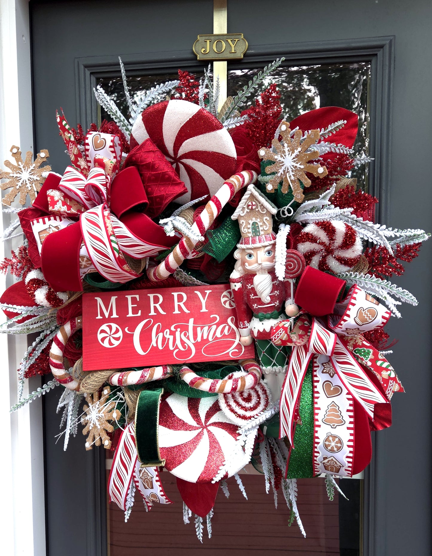 Christmas Gingerbread & Peppermint Candy Nutcracker Front Door Wreath