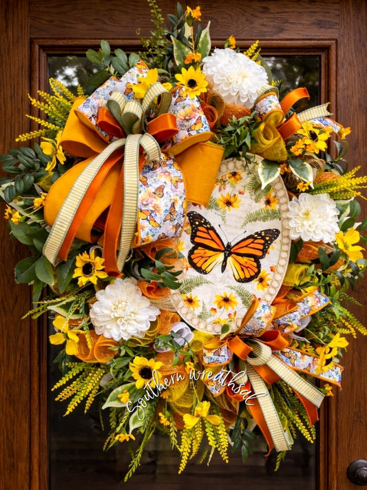 Deluxe Orange Monarch Butterfly Summer Door Wreath