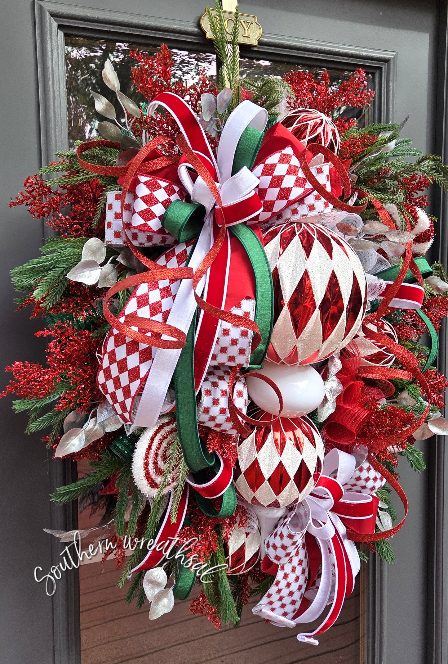Peppermint  Christmas Harlequin Deluxe Finial Door Wreath