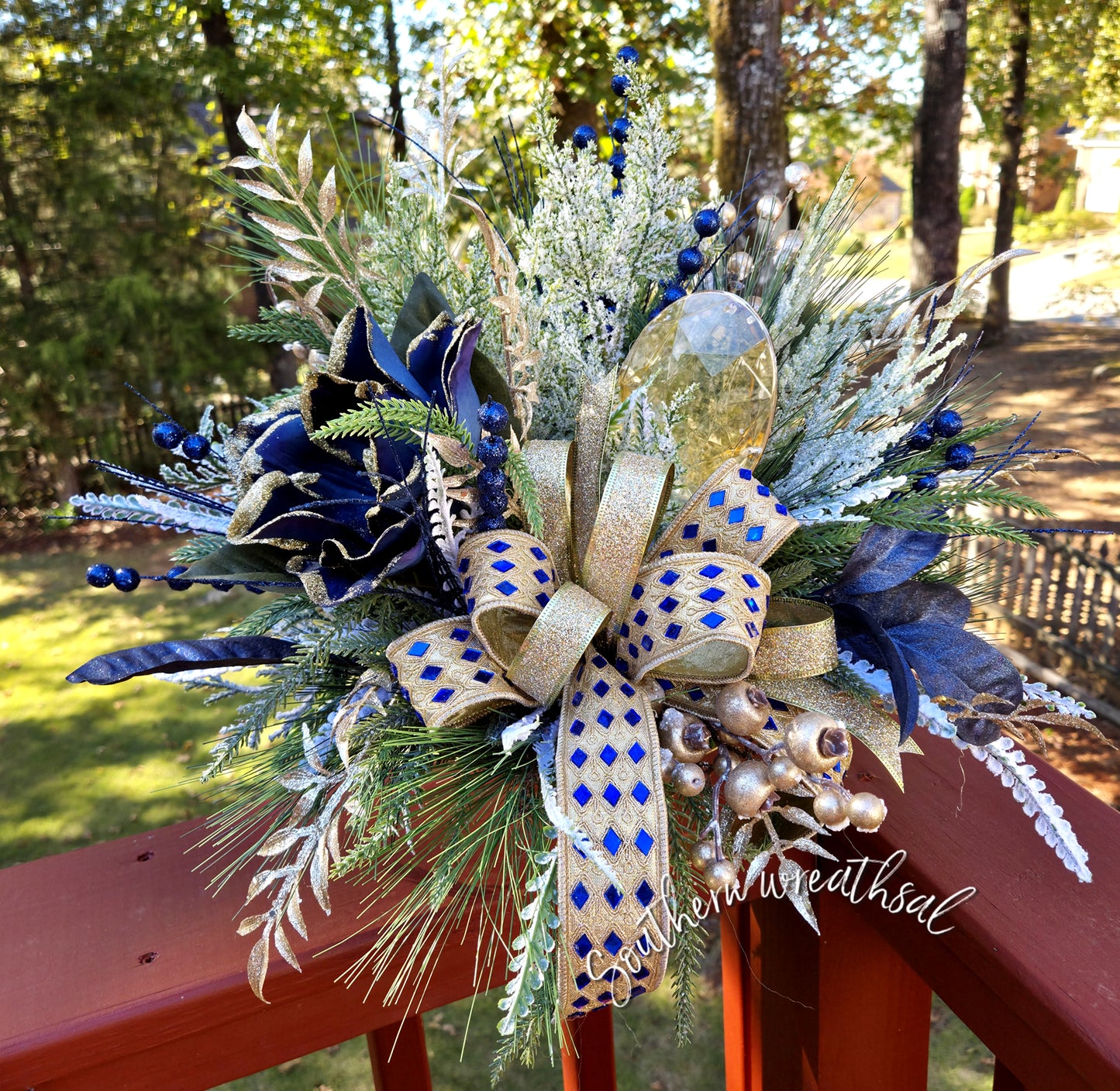 Elegant Blue Magnolia & Gold Jewel Christmas Centerpiece