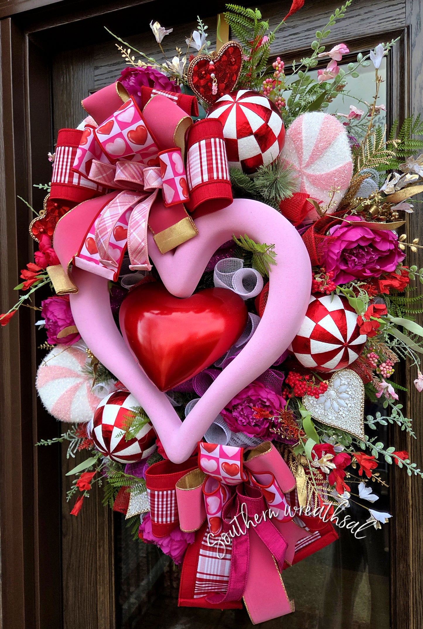 Deluxe Valentine Heart Wreath, Pink & Red Heart Door Decor, Luxury Designer Valentine Wreath