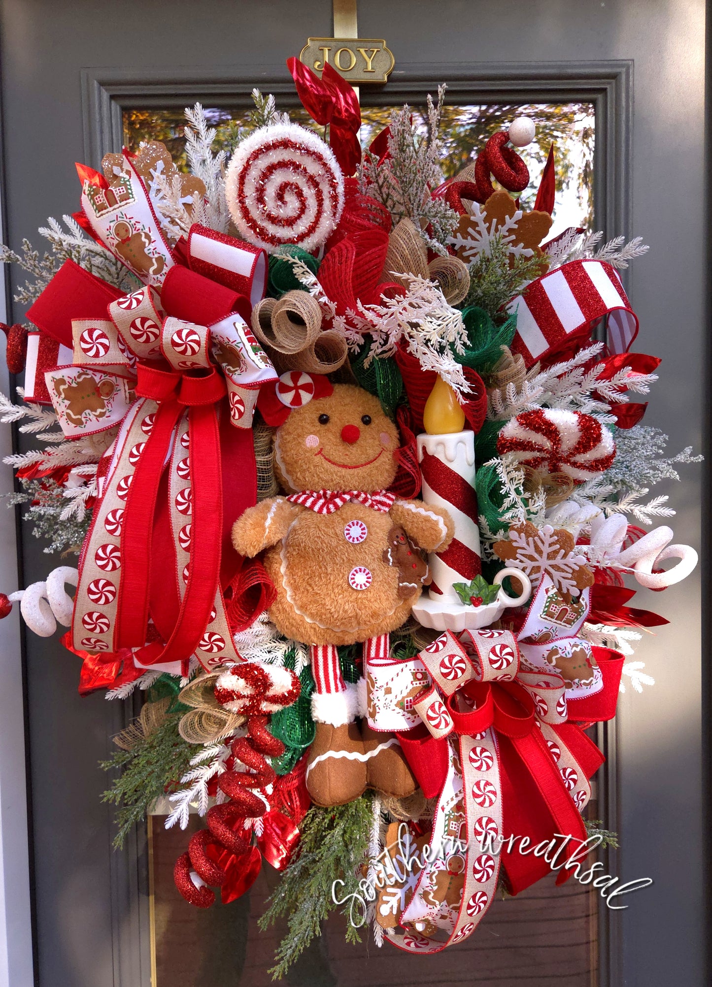 Peppermint Gingerbread Christmas Wreath w/ Light-Up Candle