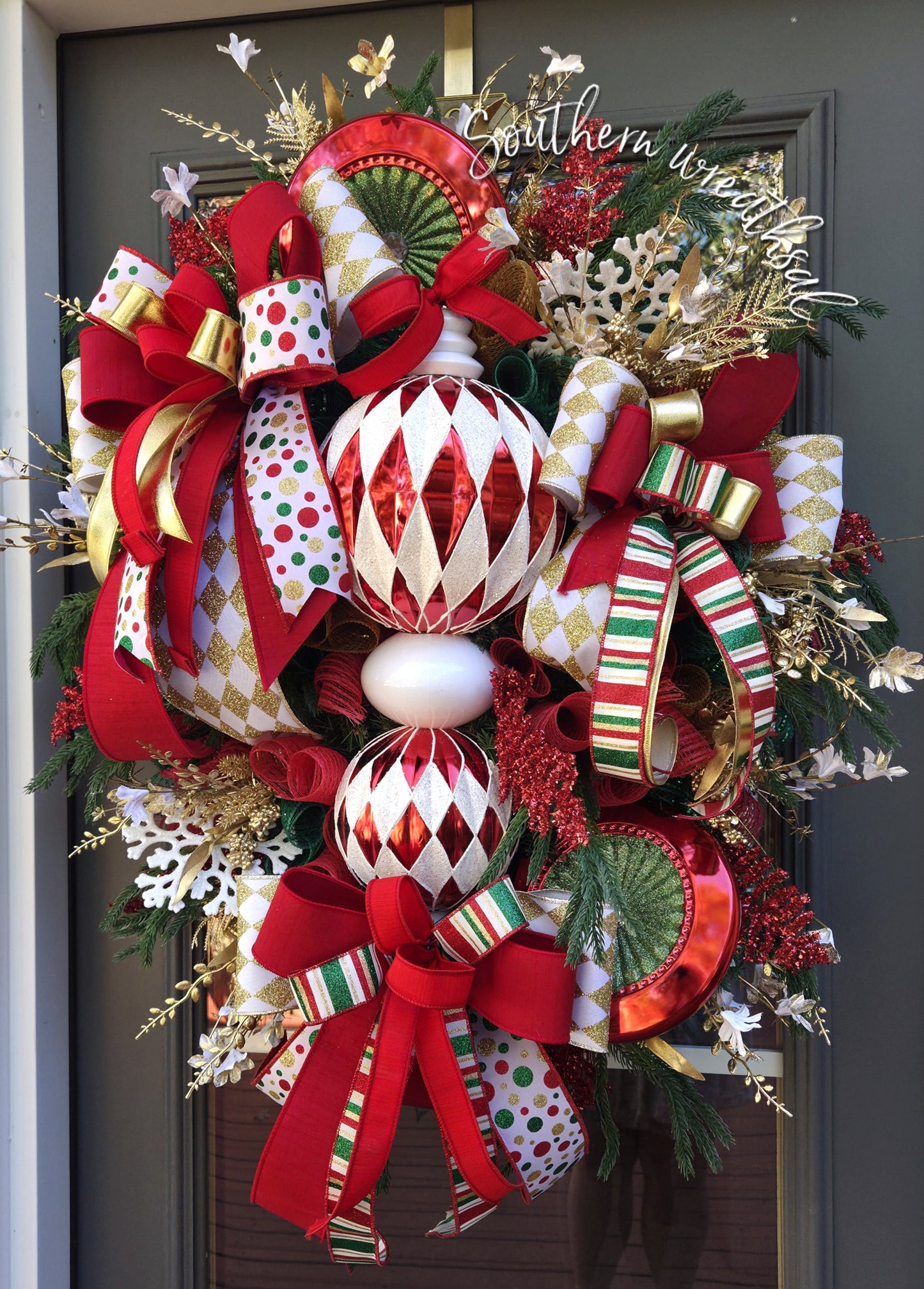 Red & White Harlequin Christmas Finial Front Door Wreath