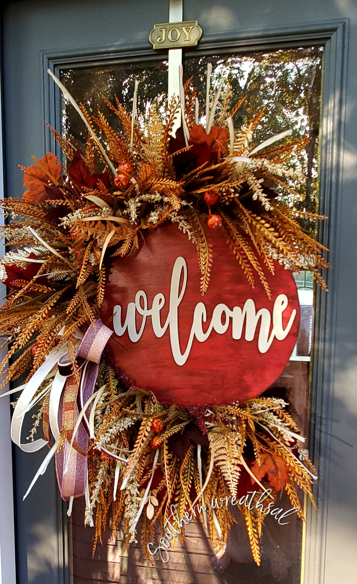Deluxe Burgundy Fall Welcome Floral Door Wreath | Autumn Door Hanger