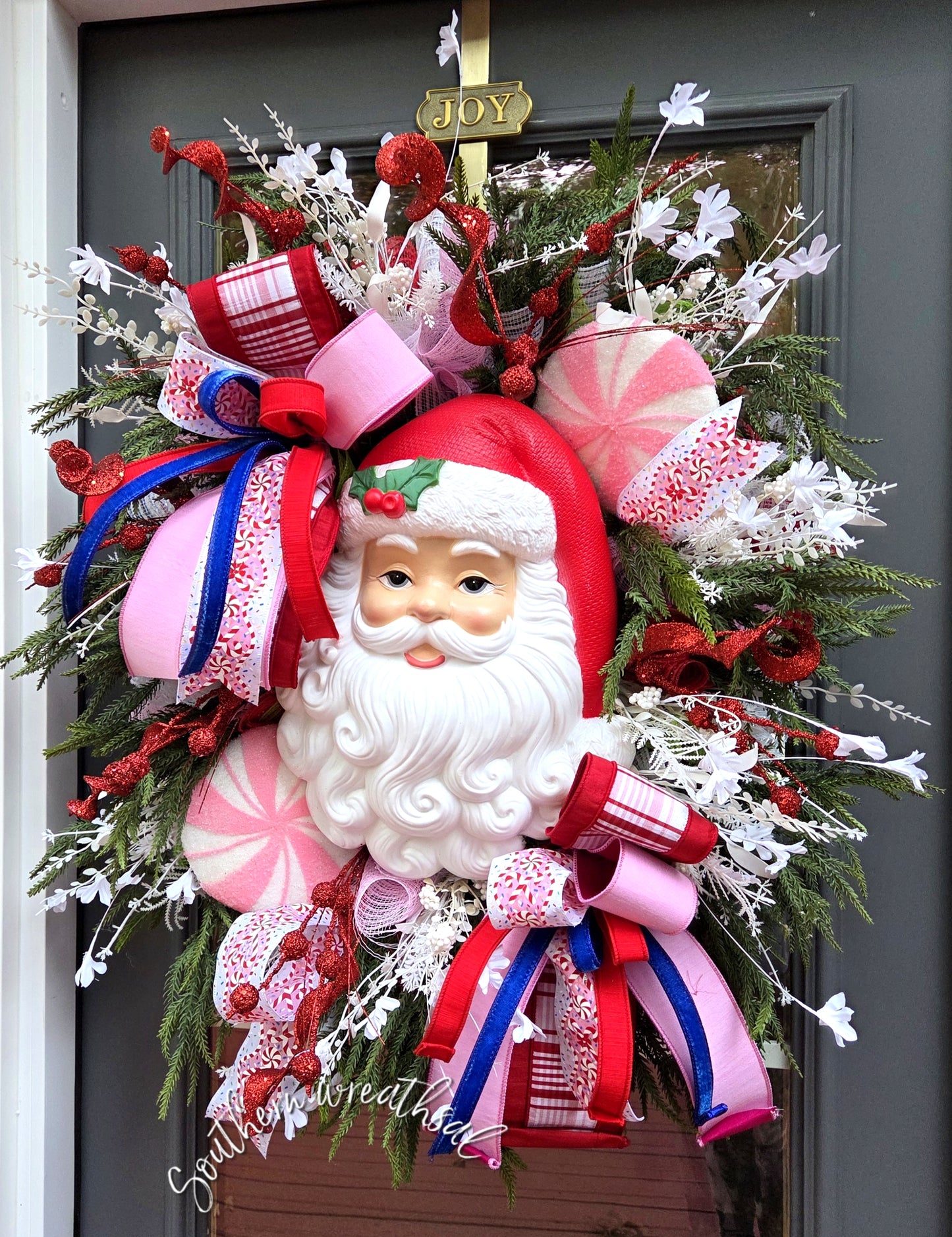 Whimsical Red & Pink Vintage Light-Up Santa Door Wreath