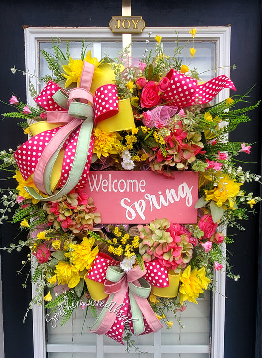 Spring Pink and Yellow Hydrangea Door Wreath- Welcome Spring