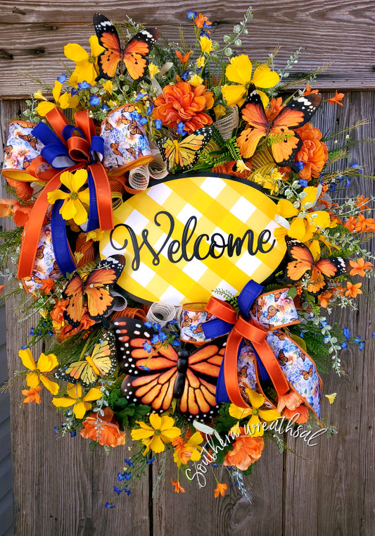 Spring Orange and Yellow Monarch Butterfly Deluxe Front Door Wreath