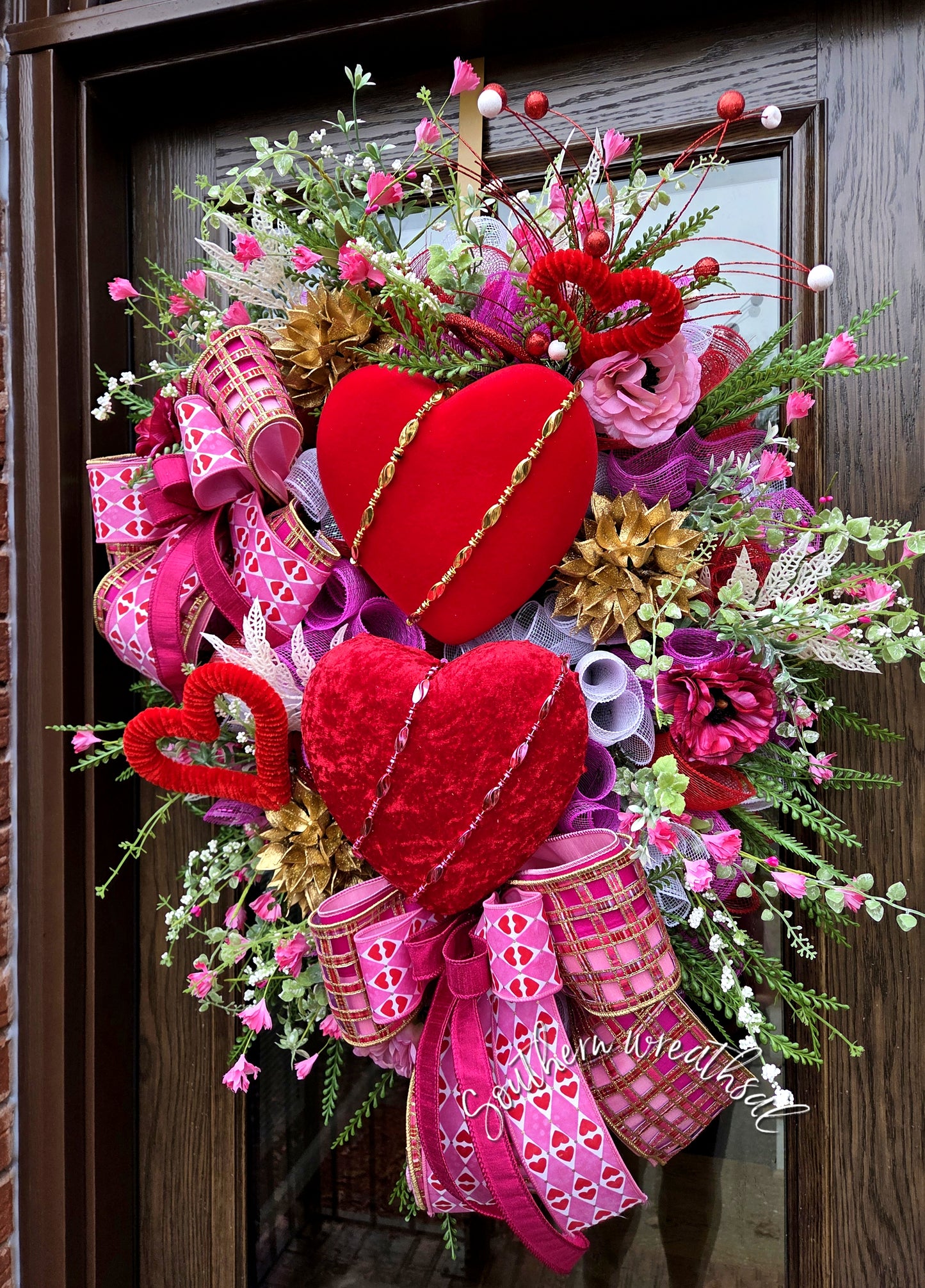Double Red Velvet Heart Valentine Wreath, Pink & Gold Designer Bow Door Decor, Romantic Front Door Statement Decor, Valentines Decoration