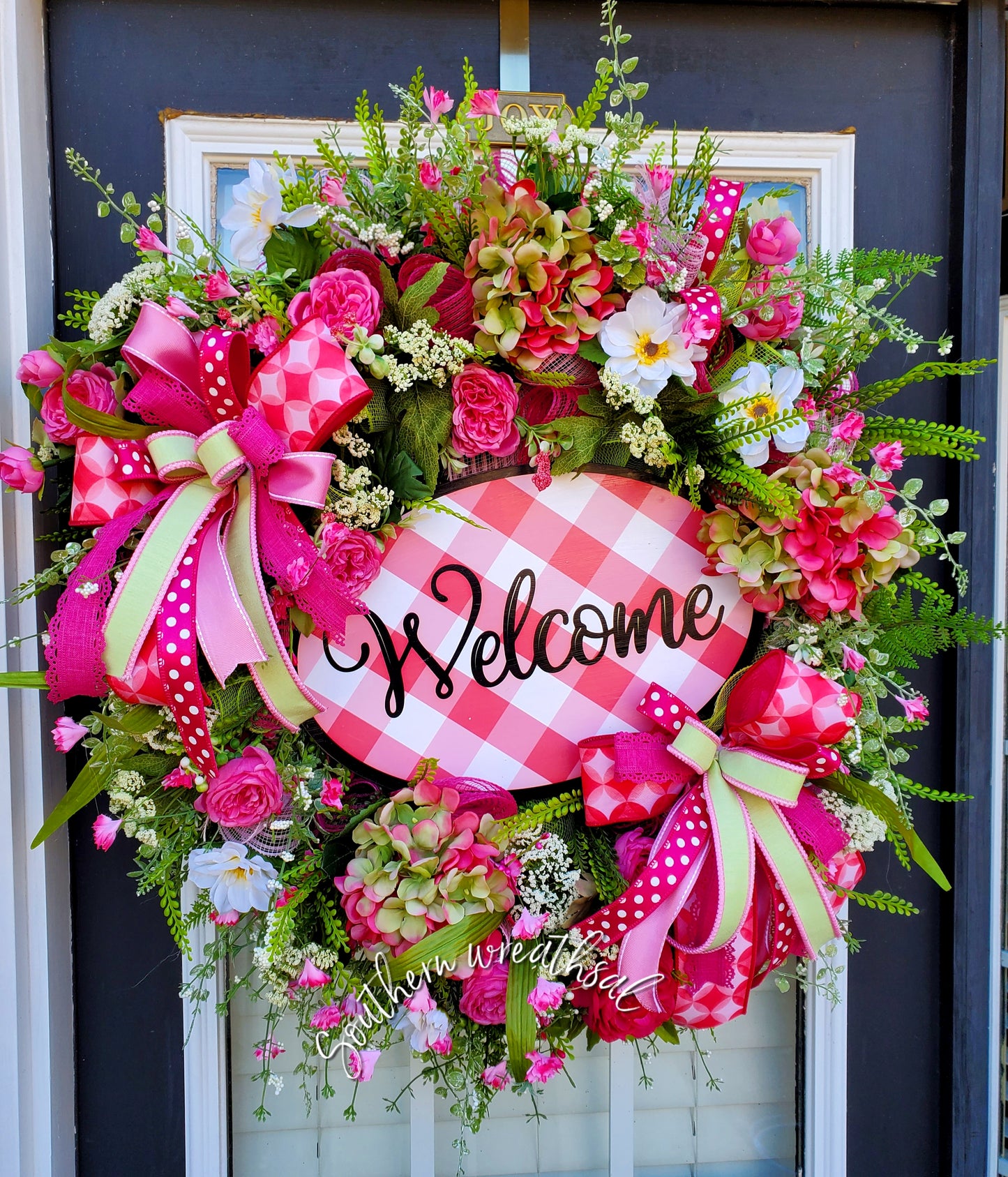 Hot Pink & Green Spring Hydrangea Front Door Wreath- Pink Plaid Welcome Wreath