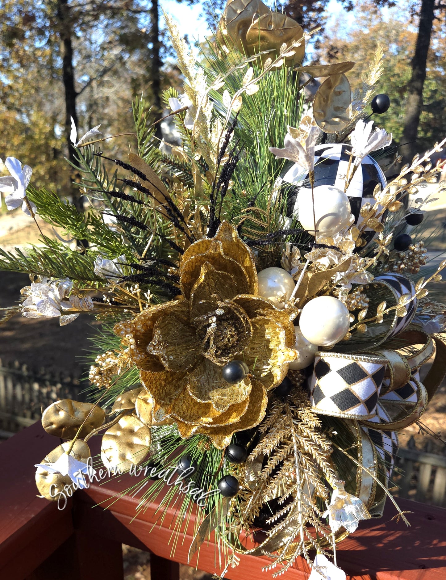 Luxe Gold Black & White Christmas Poinsettia Floral Arrangement