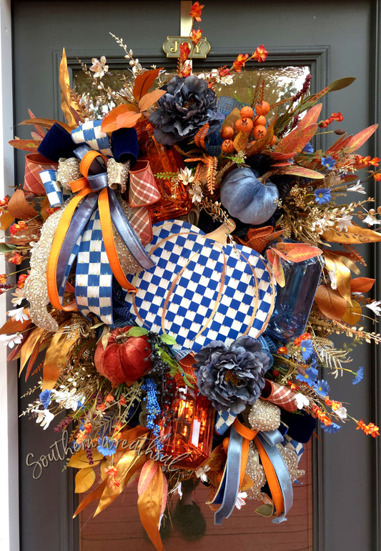 Deluxe Elegant Orange and NavyPumpkin & Jewel Fall Wreath