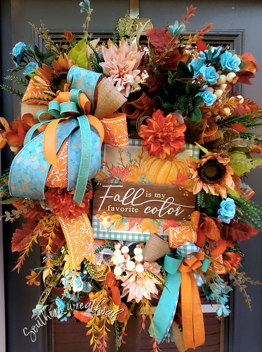 "Fall is my Favorite Color" Orange & Turquoise Front Door Wreath