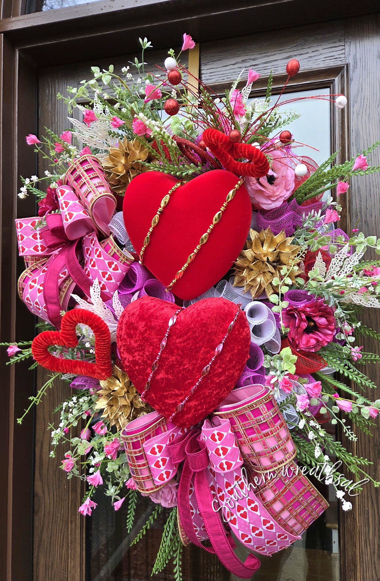 Double Red Velvet Heart Valentine Wreath, Pink & Gold Designer Bow Door Decor, Romantic Front Door Statement Decor, Valentines Decoration
