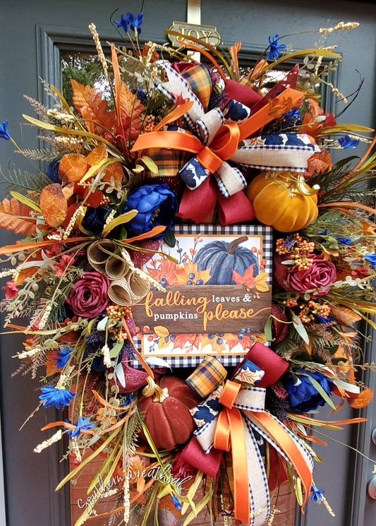 Autumn Elegance Wreath – "Navy Pumpkin & Velvet Harvest Blooms"