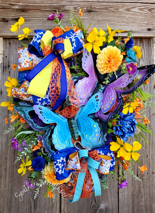 Double Purple and Blue Butterfly Spring Door Wreath