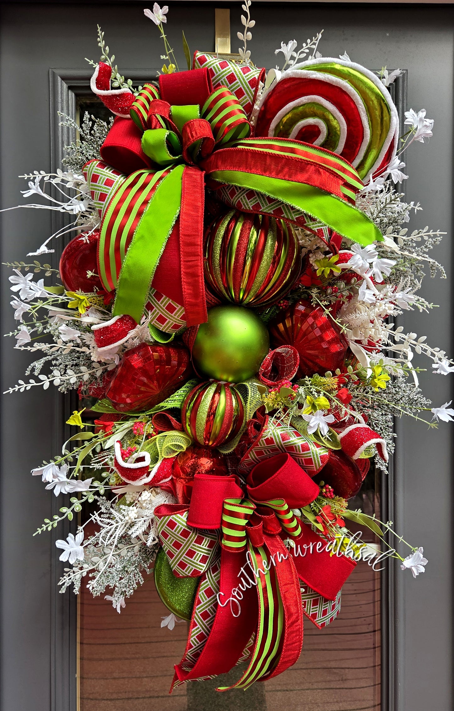 Red & Lime Green XL Finial Christmas Front Door Wreath