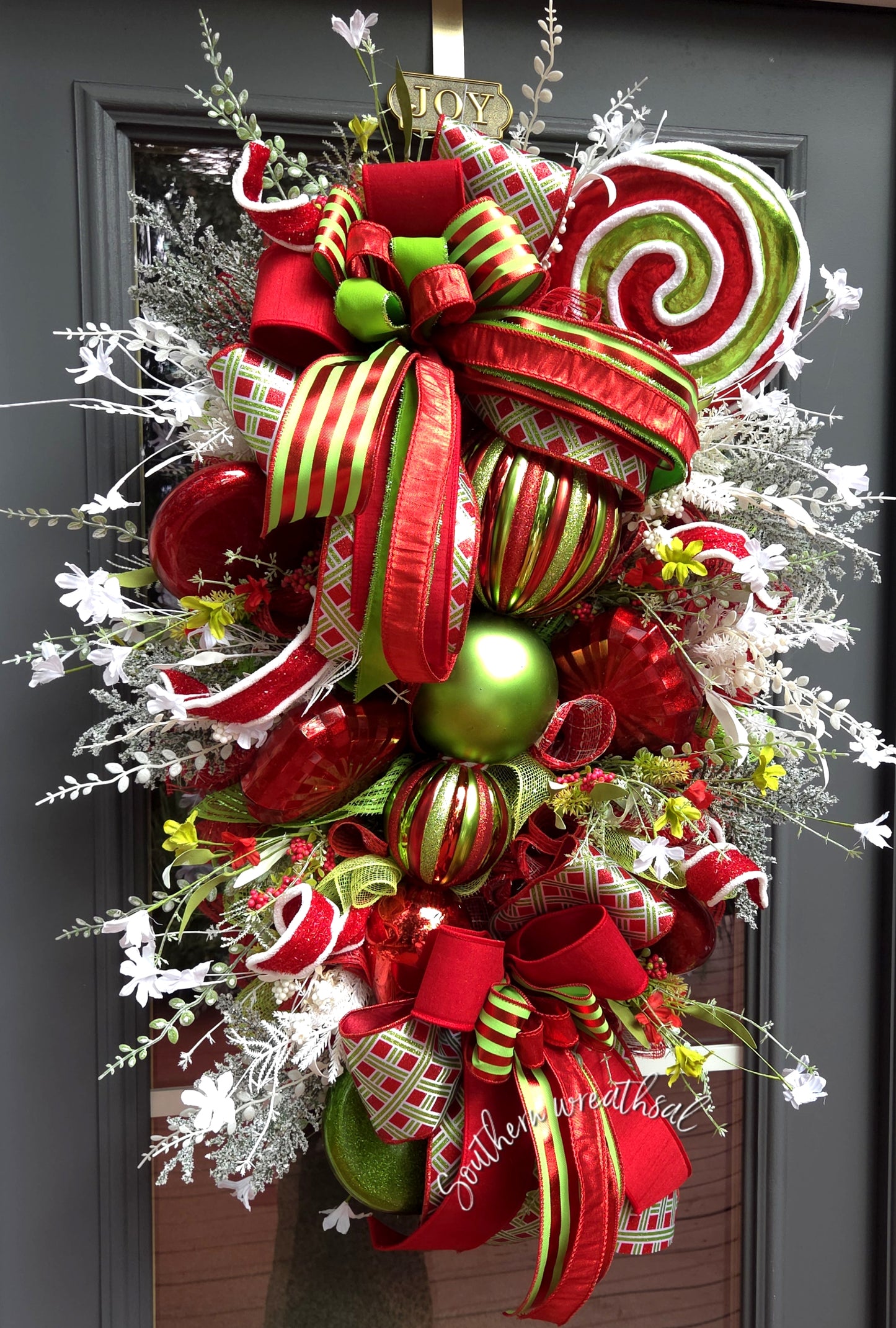 Red & Lime Green XL Finial Christmas Front Door Wreath