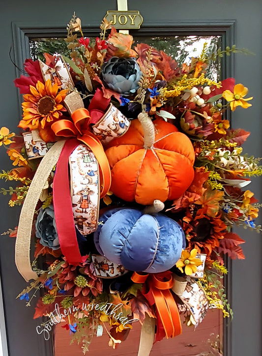 Deluxe Orange & Blue Double Pumpkin Front Door Fall Wreath