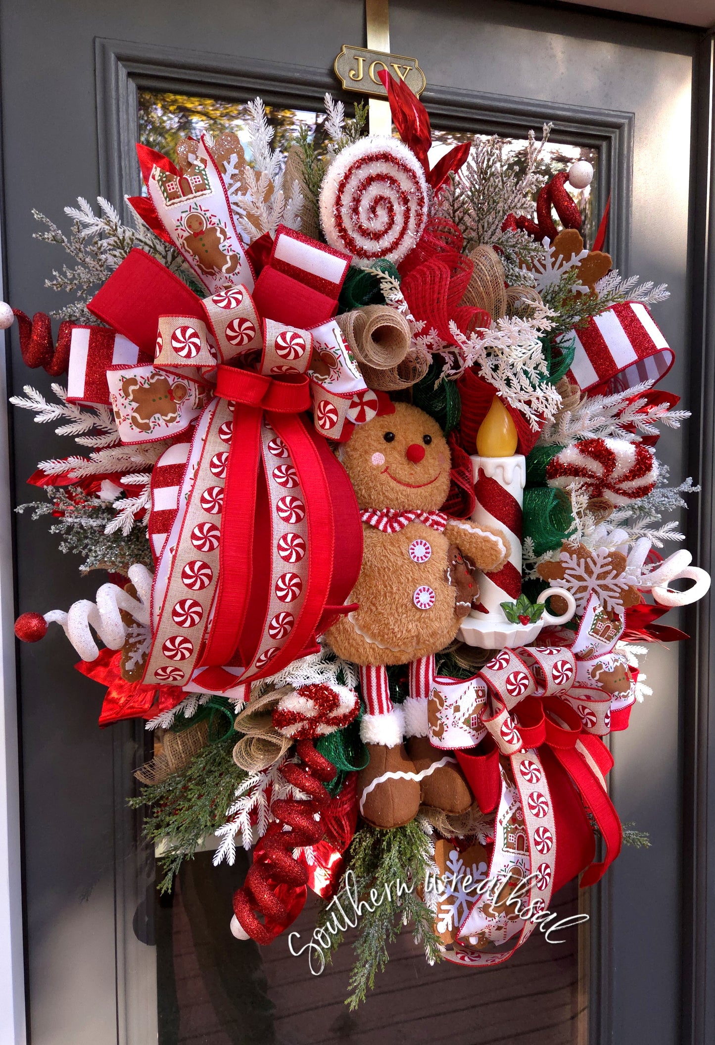 Peppermint Gingerbread Christmas Wreath w/ Light-Up Candle