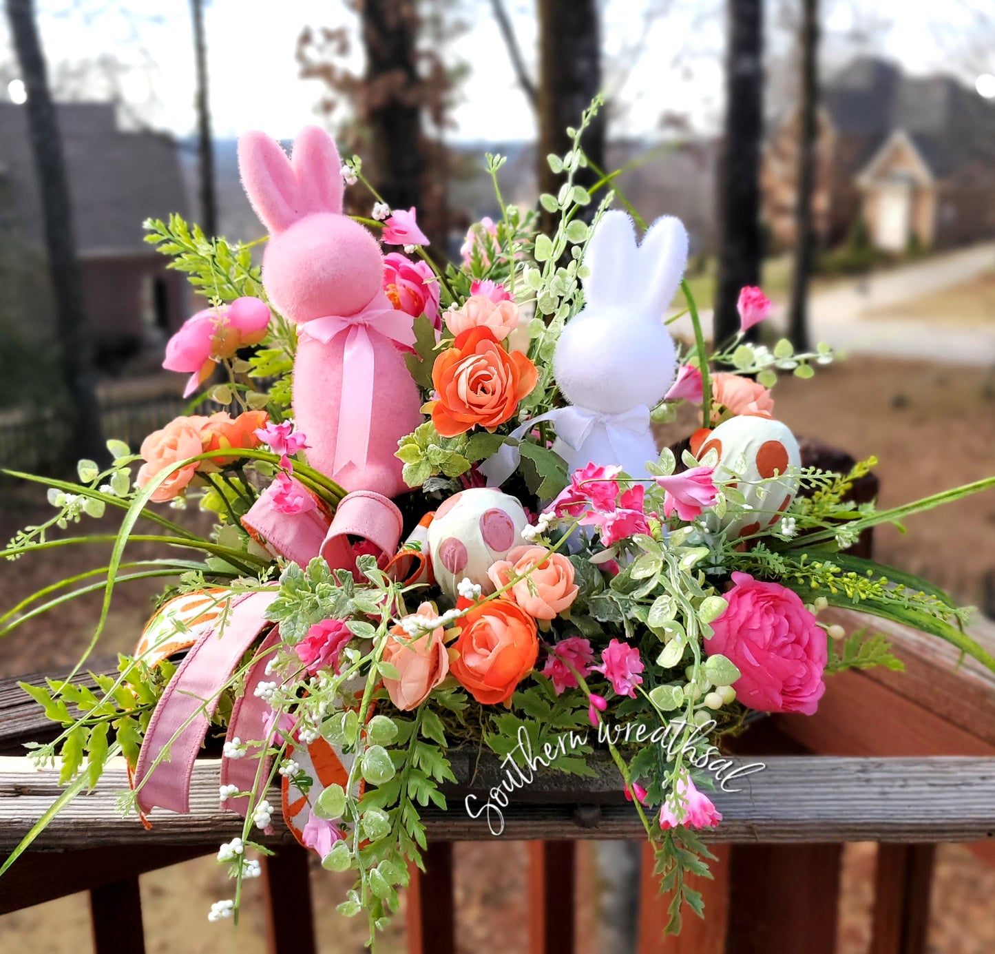 Flocked Bunnies Spring Pink & Orange Easter Arrangement