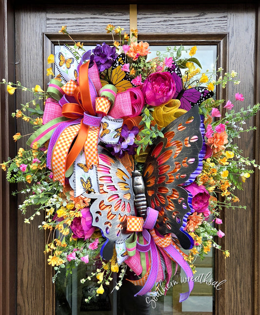 Deluxe Orange Butterfly Front Door Wreath